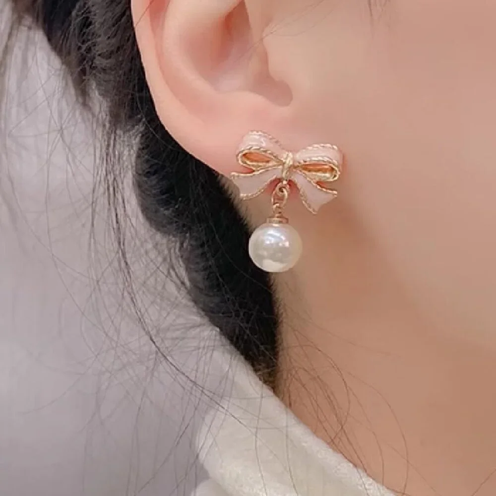 Women's Pink Earrings Long Tassel Chain Drop Earrings Trendy Small Bow Sparkly - Picture 9 of 9
